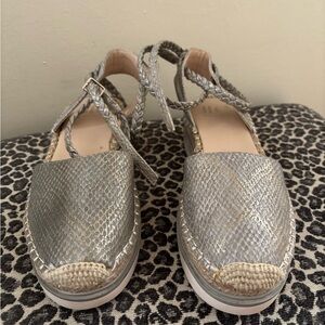 J Lo silver snakeskin espadrilles with ankle straps